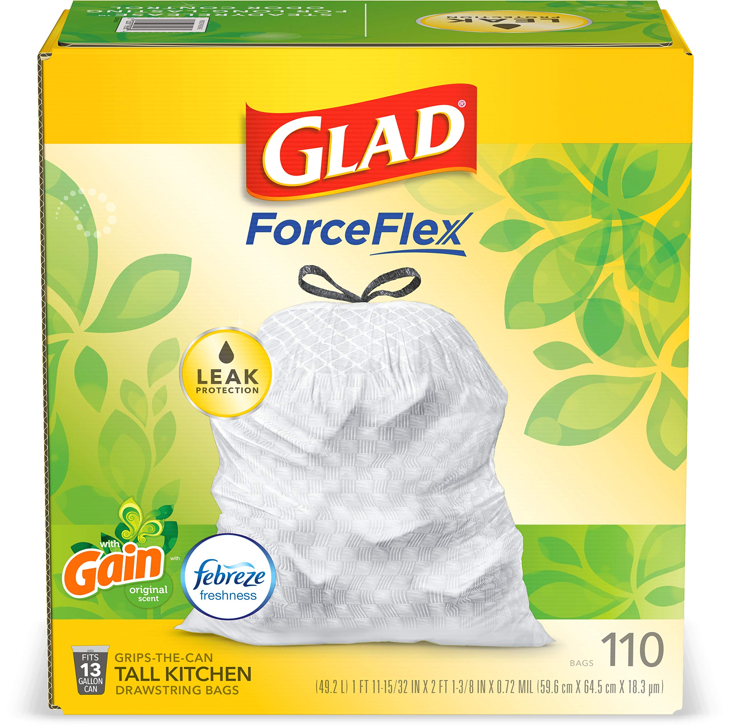 Glad ForceFlex Tall Kitchen Drawstring Trash Bags – 13 Gallon White Trash Bag, Gain Original scent with Febreze Freshness – 110 Count (Package May Vary)