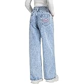 Fulihug Jeans for Girls Baggy Wide Leg Cute Bow High Elastic Waisted Denim Pants Y2K Boyfriend Skater Streetwear 7-14Y