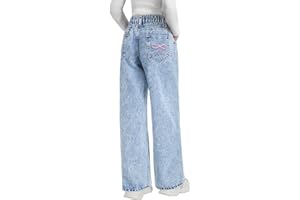 Fulihug Jeans for Girls Baggy Wide Leg Cute Bow High Elastic Waisted Denim Pants Y2K Boyfriend Skater Streetwear 7-14Y