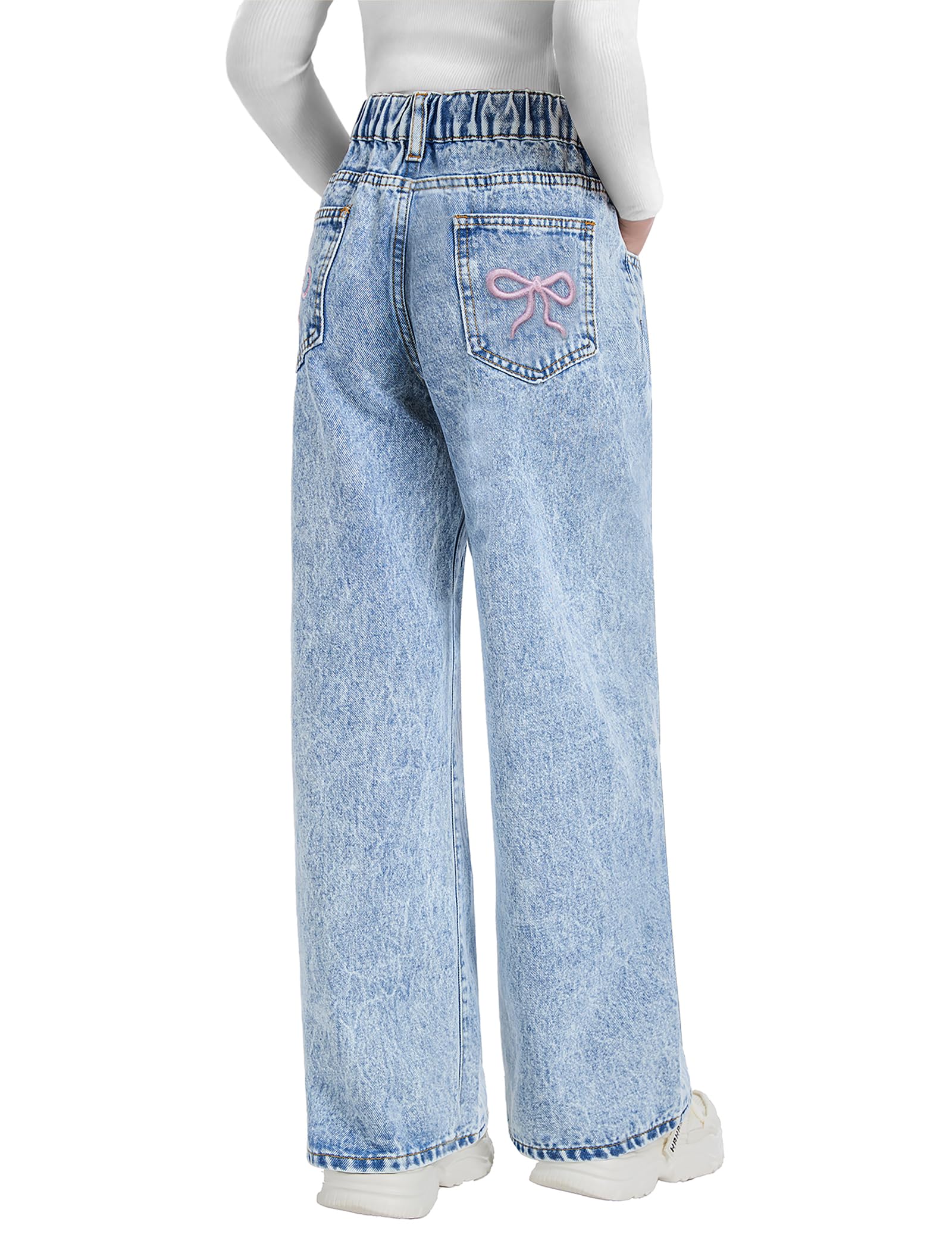 Photo 1 of Fulihug Y2K Girls Jeans 14-16 Wide Leg Baggy Bow Embroidery High Waist Denim Pants with Pockets & Elastic Waistband Light Blue