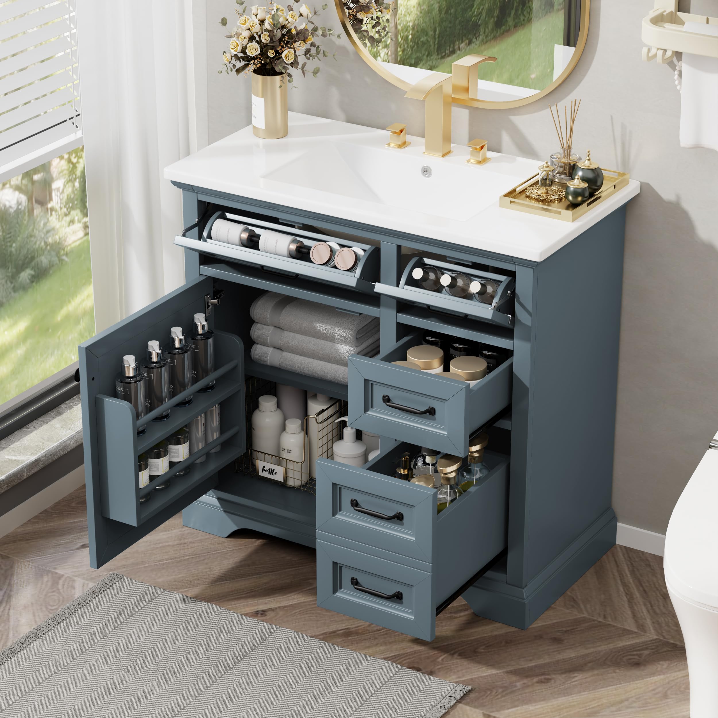 Photo 1 of *****FINAL SALES ***BROKRN MISSING PARTS****36" Bathroom Vanities Cabinet with Ceramic Sink Set Combo, Tip-Out Drawers, Storage Organizer Door Shelf, Soft-Closing Door, Blue Gray