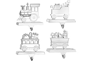 Klikel Stocking Holder Set of 4 - Christmas Train Stocking Hanger for Mantel - Shiny Silver Metal Christmas Stocking Holder for Fireplace Mantle - Heavy Stocking Holder for Mantle with Hook