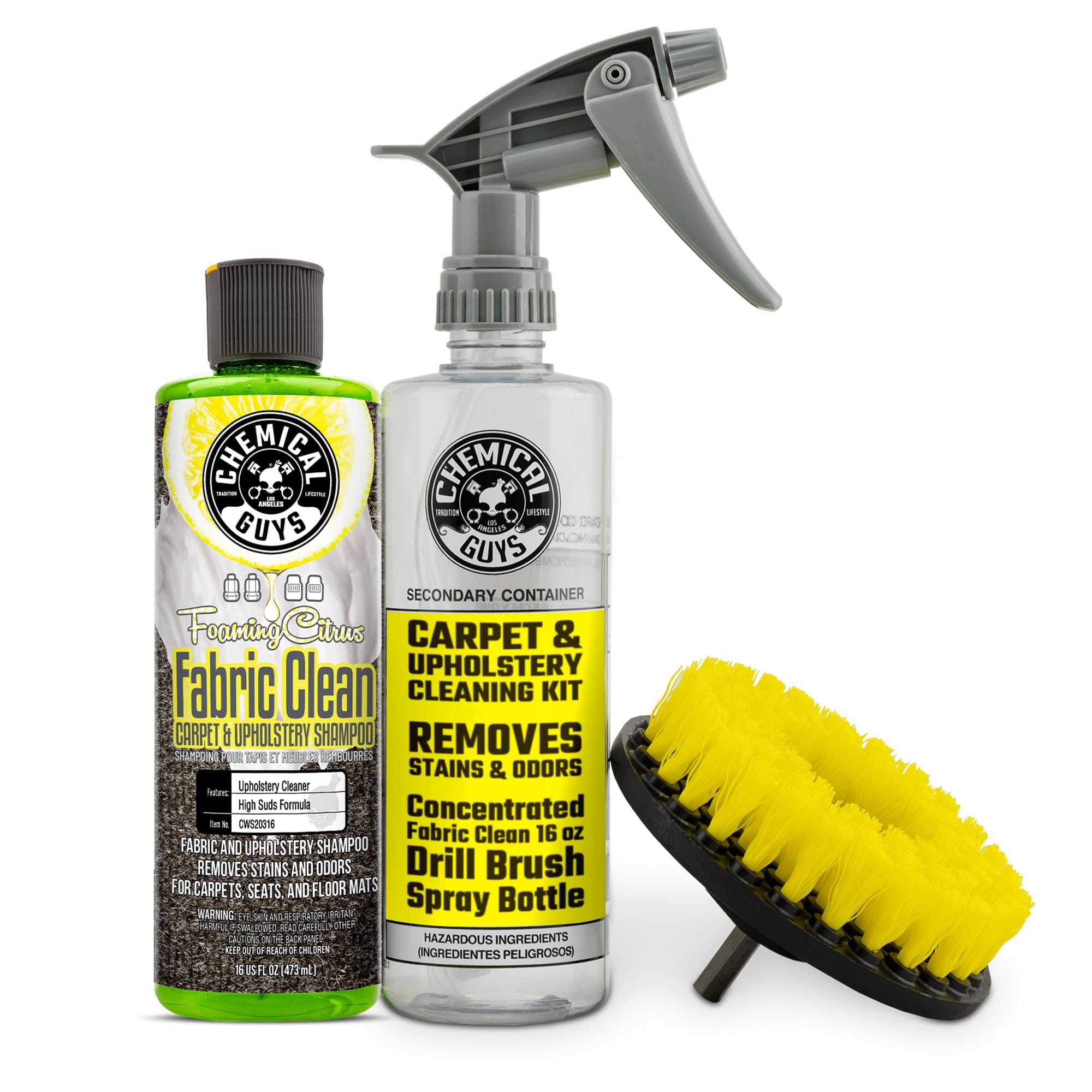 Photo 1 of Chemical Guys Foaming Citrus Fabric Clean & Drill Brush Kit - High-Foaming Stain & Odor Remover for Car Carpets, Upholstery & Floor Mats - Deep Cleans & Deodorizes, Citrus Scent - 16 fl oz