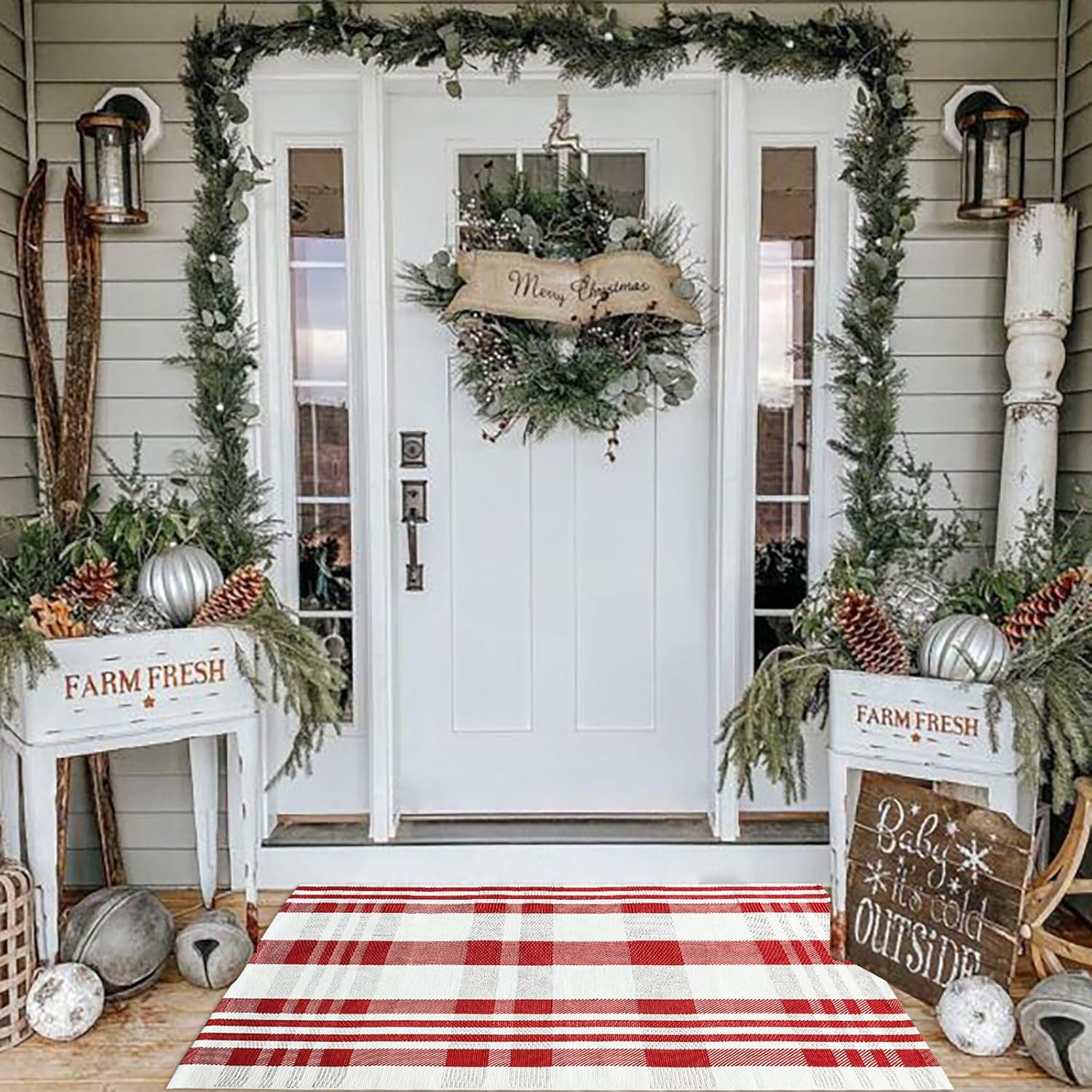 Rugs, Pads & Protectors - Christmas Plaid Outdoor Rug, 27.5''x43'' Red&White Check Indoor/Outdoor Area Rug, Layering Rug for Hello/Welcome Door Mat, Machine Washable Cotton Woven Rug for Farmhouse Front Porch,Entryway