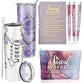 Domensi 6 Pcs Social Worker Appreciation Gifts for Women Lady Include 20oz Tumbler Makeup Bag A6 Leather Notebook Ballpoint Pens School Social Worker Must Haves Office Supplies(Purple)