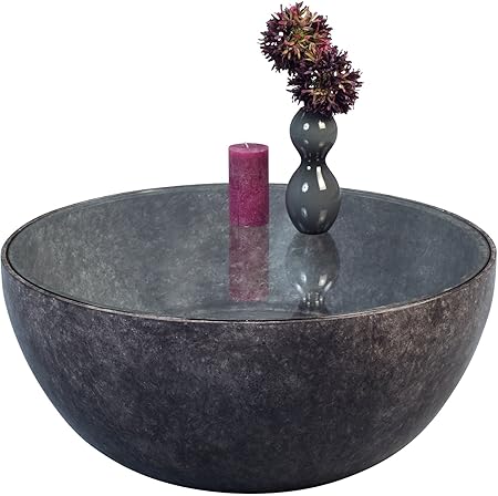 HomeTrends4You 106048 Couchtisch Fiona, rund, Marmoroptik Anthrazit, Grau, Tischplatte Sicherheitsglas klar, Durchmesser 80cm