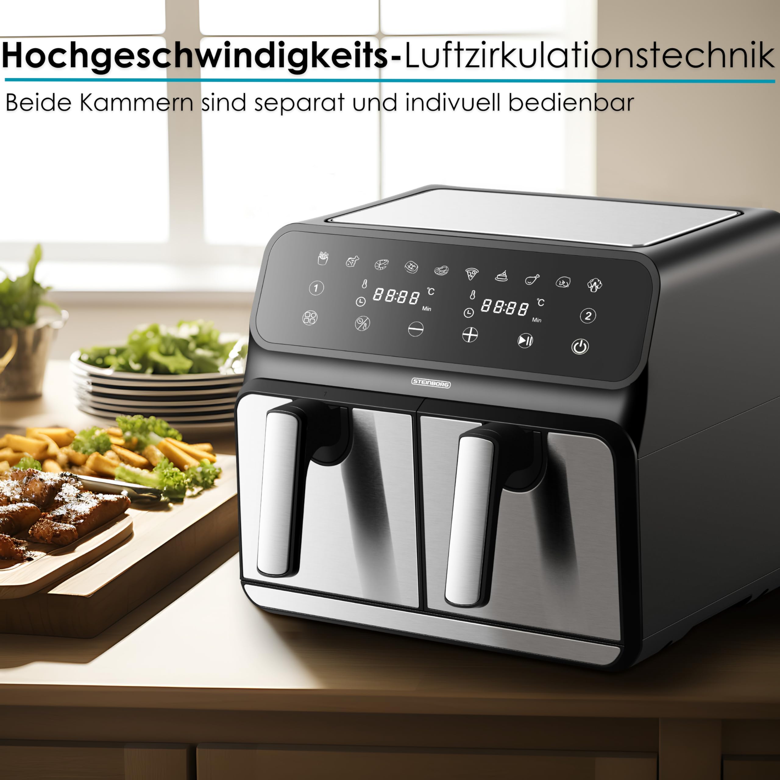 Heißluftfritteuse | 2 Kammern | Heissluftfritteuse | 4 in 1 Mini Backofen | Fritteuse | Dörrautomat | Grillen Backen Dörren Frittieren | Friteuse ohne Öl | Air Fryer | Heißluftofen | Heißluftgrill 5