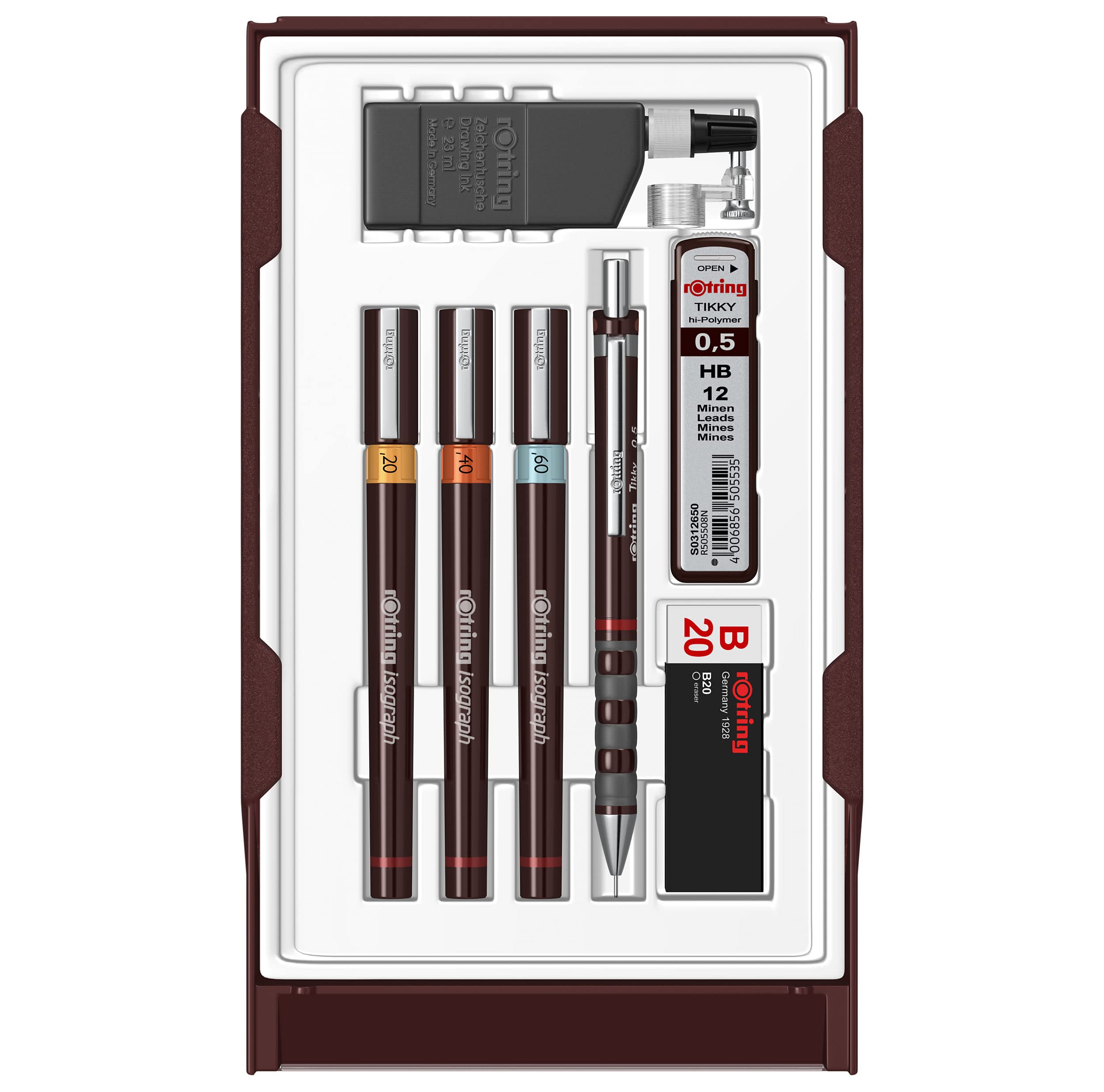 rOtring Isograph Fineliner College Set | 3 Isograph Tuschefüller (0,20 mm0,40 mm und 0,60 mm)Tikky Druckbleistift (0,5mm) und Zubehör