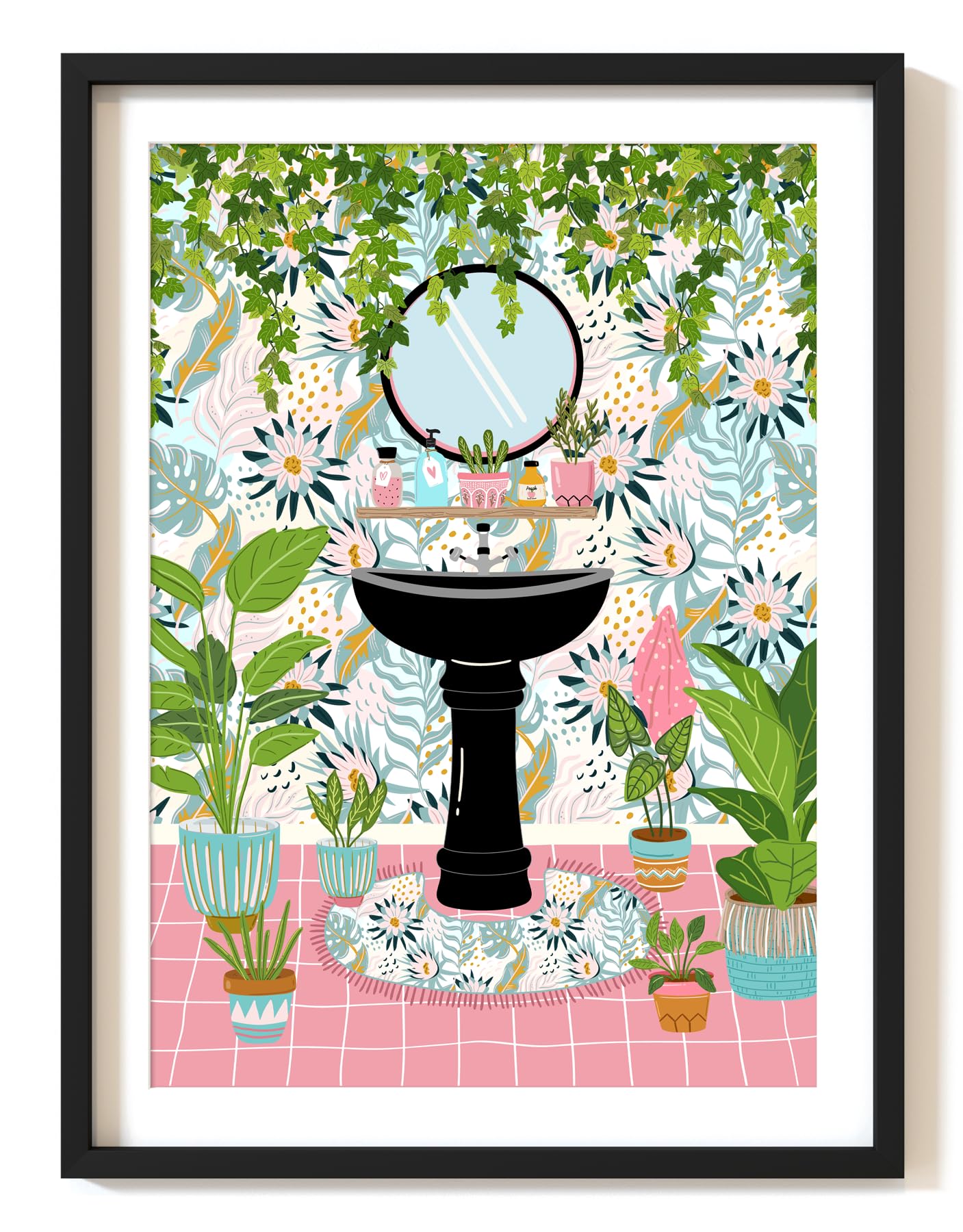 Parmaro Tropical Bathroom Print, Floral Sink Bathroom Print, A4 UNFRAMED Print, Toilet Sink Print, Pink Botanical Print, Botanical Pink Artwork, Tropical Bathroom Decor