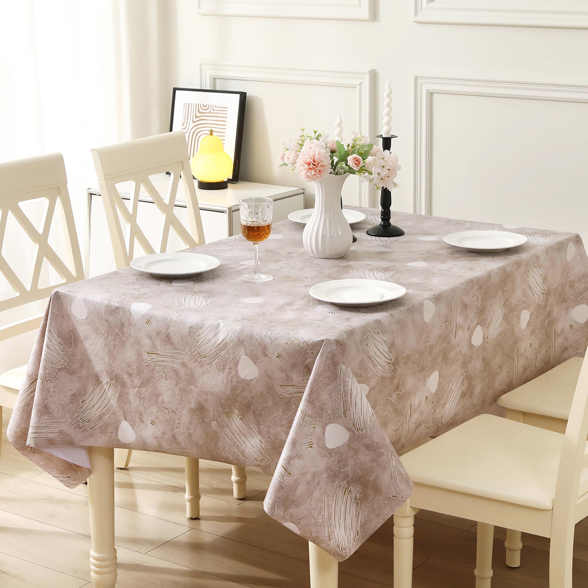 Rayapot Square Table Cloth PVC Vinyl Wipe Clean Tablecloth Wipeable Plastic Stain Resistant Waterproof Oil-proof Spill Proof Table Cover Protector for Kitchen Dining -Feather -Brown Grey - 140x140cm