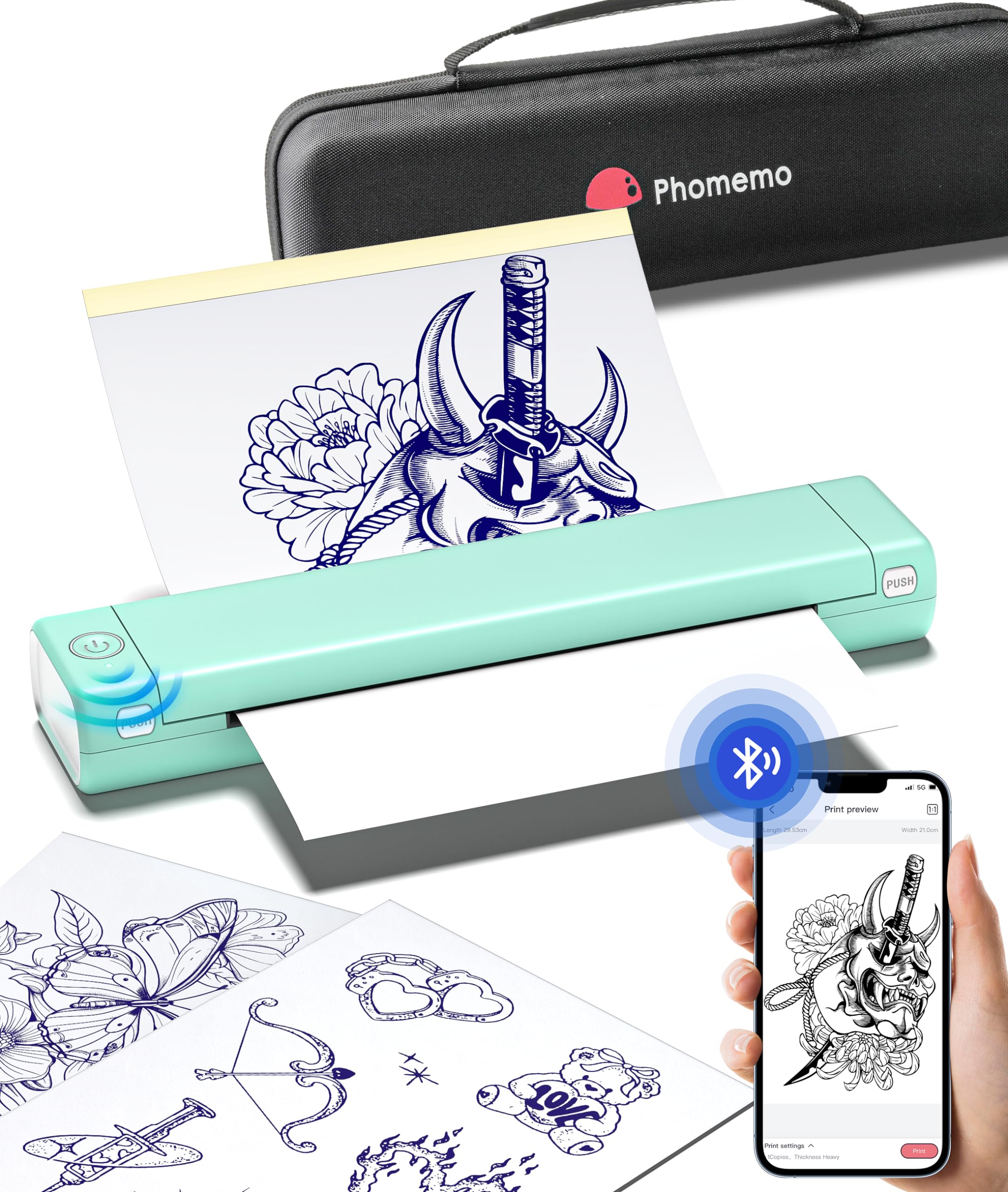 Phomemo M08F Tattoo Thermal Stencil Machine A4 Printer Machine Drawing Thermal Stencil Maker for Artists & Beginners, Compatible with Smartphone & PC with 10pcs Tattoo Transfer Paper and Storage Case
