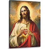 Sacred Heart of Jesus Canvas Wall Art - Jesus Portrait Picture, Divine Mercy Painting, Christian Catholic Religious Wall Decor for Living Room & Bedroom, 12x16in Framed