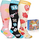 Lalapapa 3Pairs Wide Calf Compression Socks for Women - 15-20mmHg with Graduated Support for Nurse Travel Pregnant