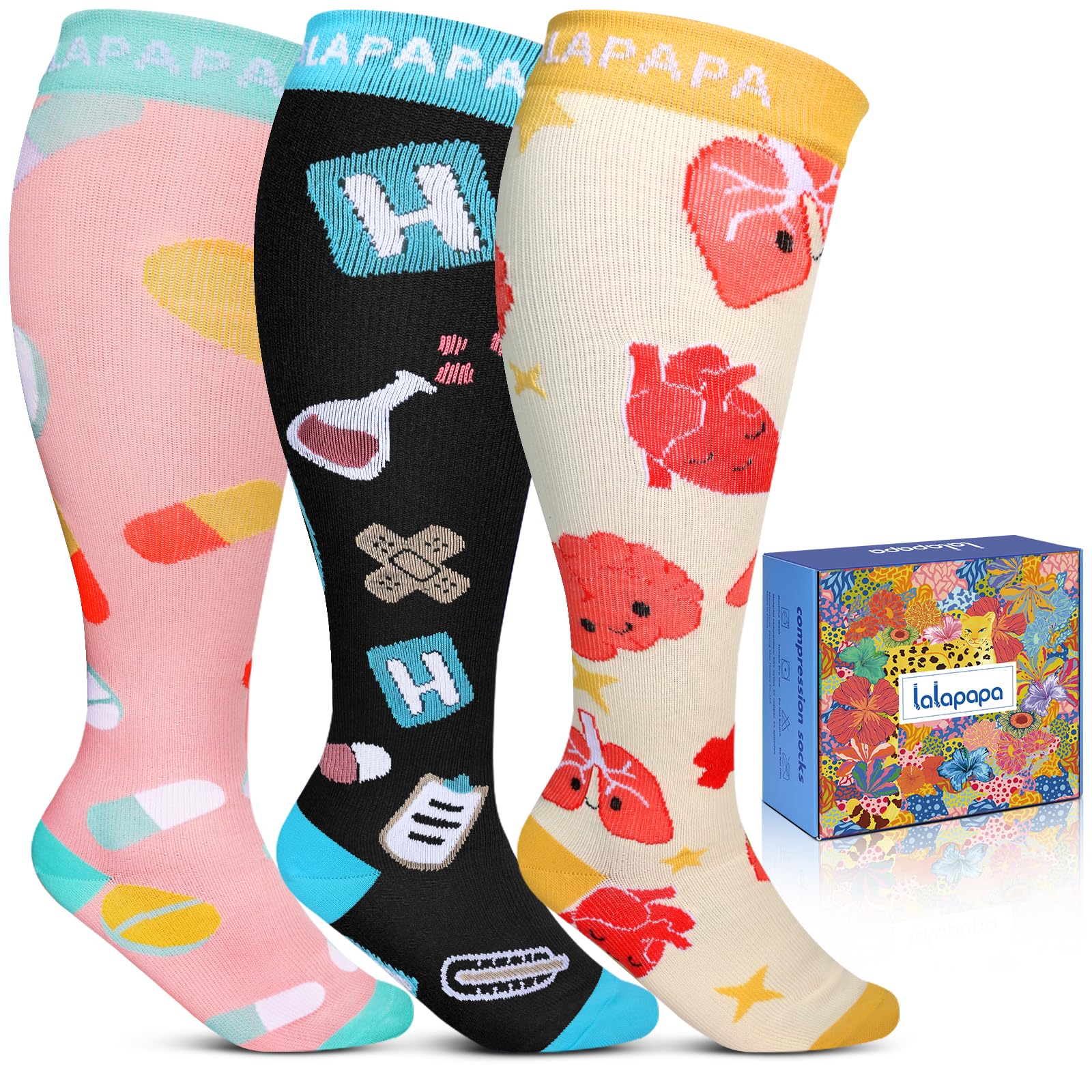 Lalapapa 3Pairs Wide Calf Compression Socks for