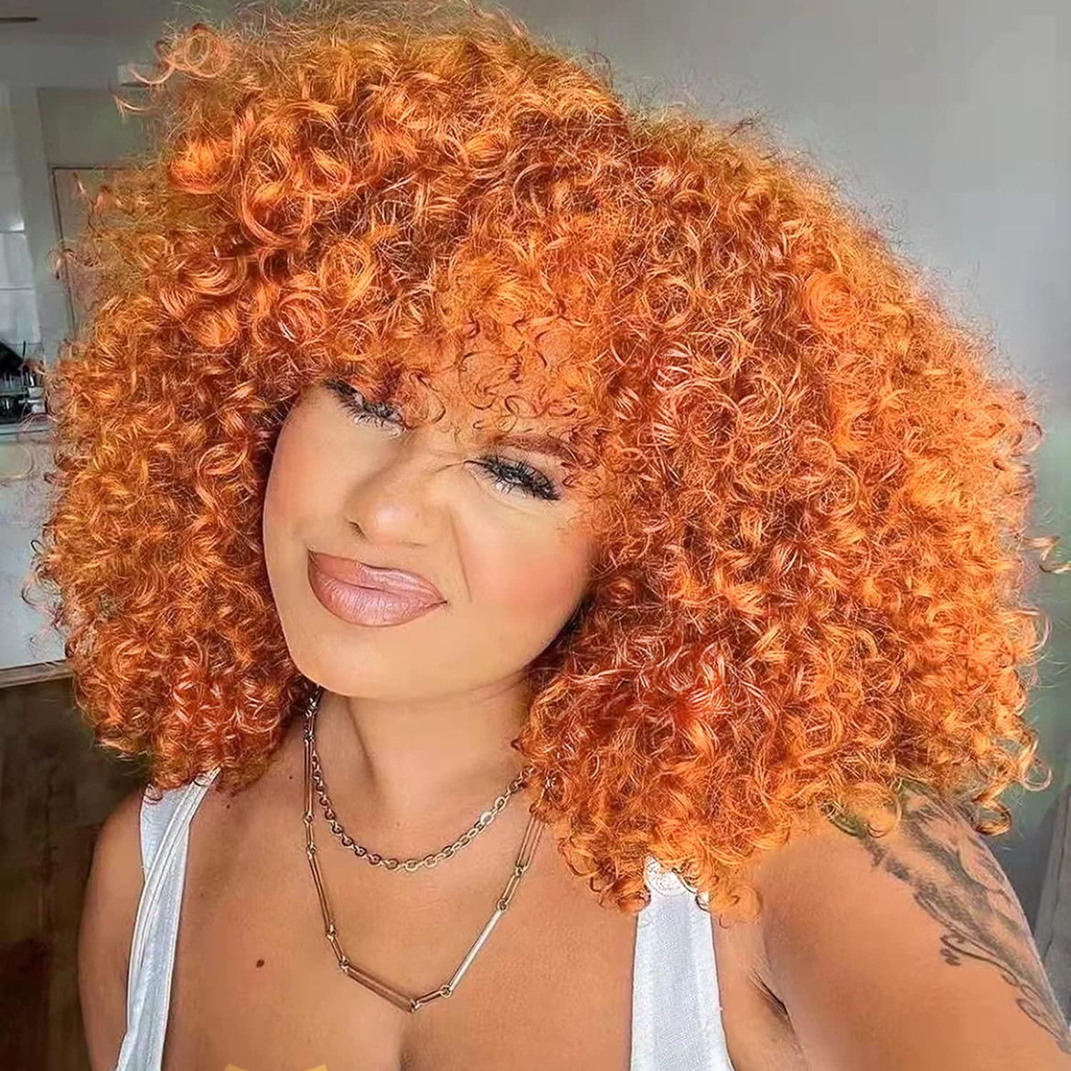 Colorfulpanda Curly Afro Wig for Black Women Natural image High Heat Synthetic Hair wigs with Fringe Short Kinky Curly Full Orange Wig Cosplay Party Daily Wear