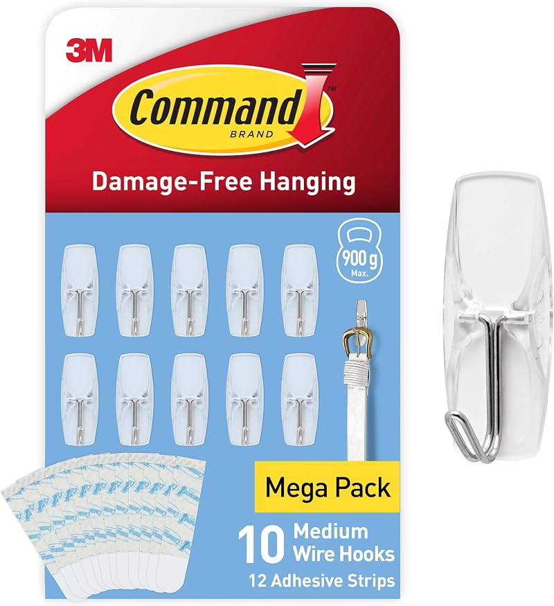 Command Hanging Hooks 10 Clear Hooks with 12 Strips Wire Hook Bundle