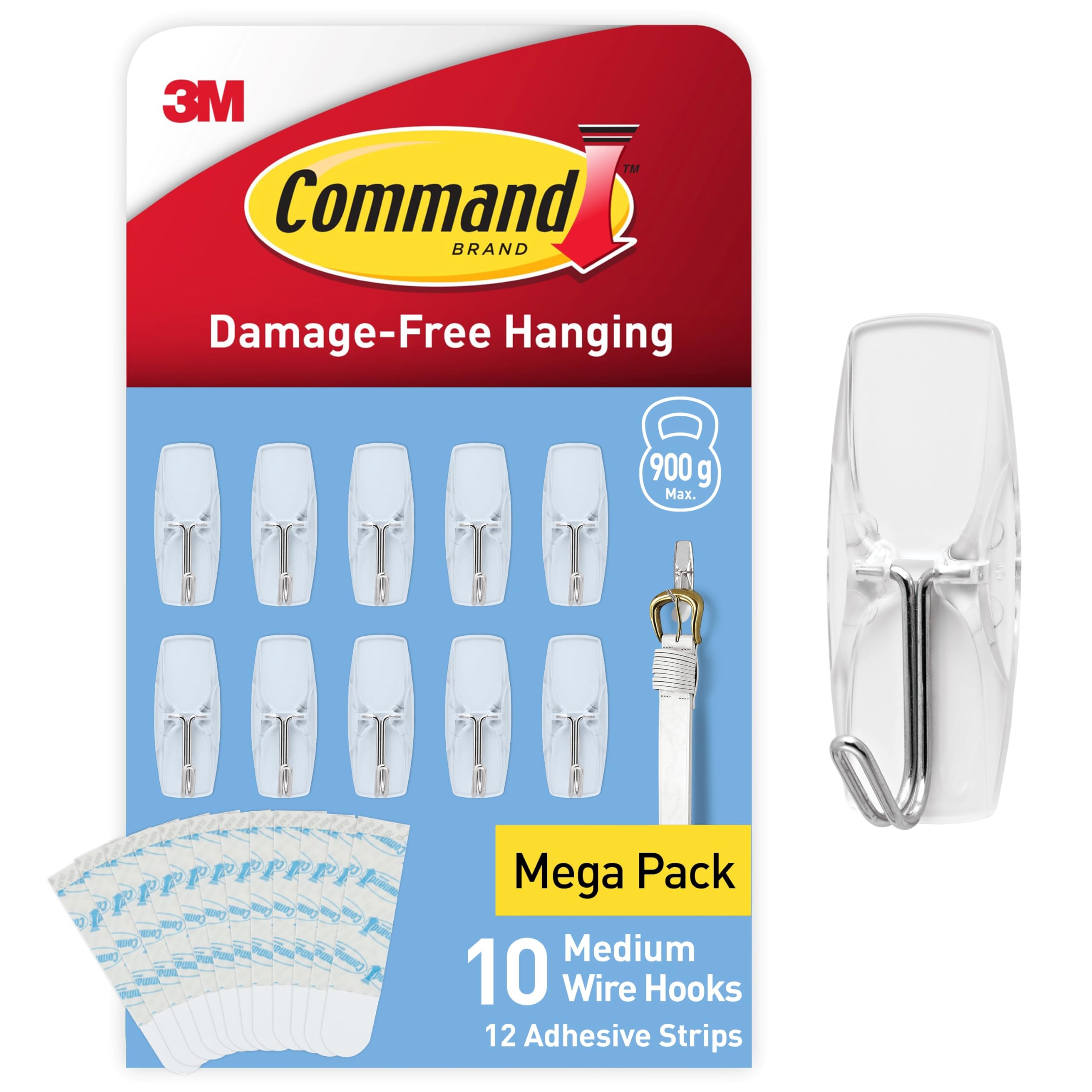 Command Wire Toggle Hooks - Medium - Transparent- Indoor Use - Multi Pack of 10 Hooks and 12 Adhesive Strips - Suitable for Hanging Items up to 900 g - Damage Free