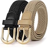 JASGOOD 2 Pack Braided Belts for Women, 1'' Narrow Width Elastic Woven Stretch Fabric Cloth Belts with Gold Buckle