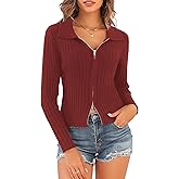 ZAFUL Women's Zip Up Sweater Long Sleeve Polo V Neck Ribbed Knit Slim Cropped Sweater Pullover Jumper Tops