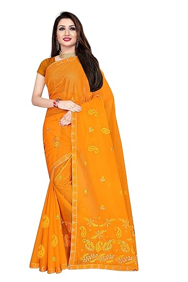 Womens pure cotton Embroidered saree without blouse piece (EMB_Gold_Malmal)