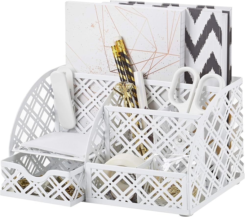 EXERZ Desk Organiser Mesh Desk Tidy Caddy 7 Compartments White