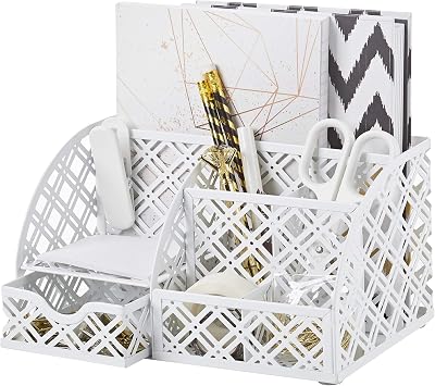 EXERZ Desk Organiser Mesh Desk Tidy Caddy 7 Compartments White