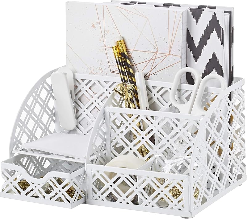 EXERZ Desk Organiser Mesh Desk Tidy Caddy 7 Compartments White