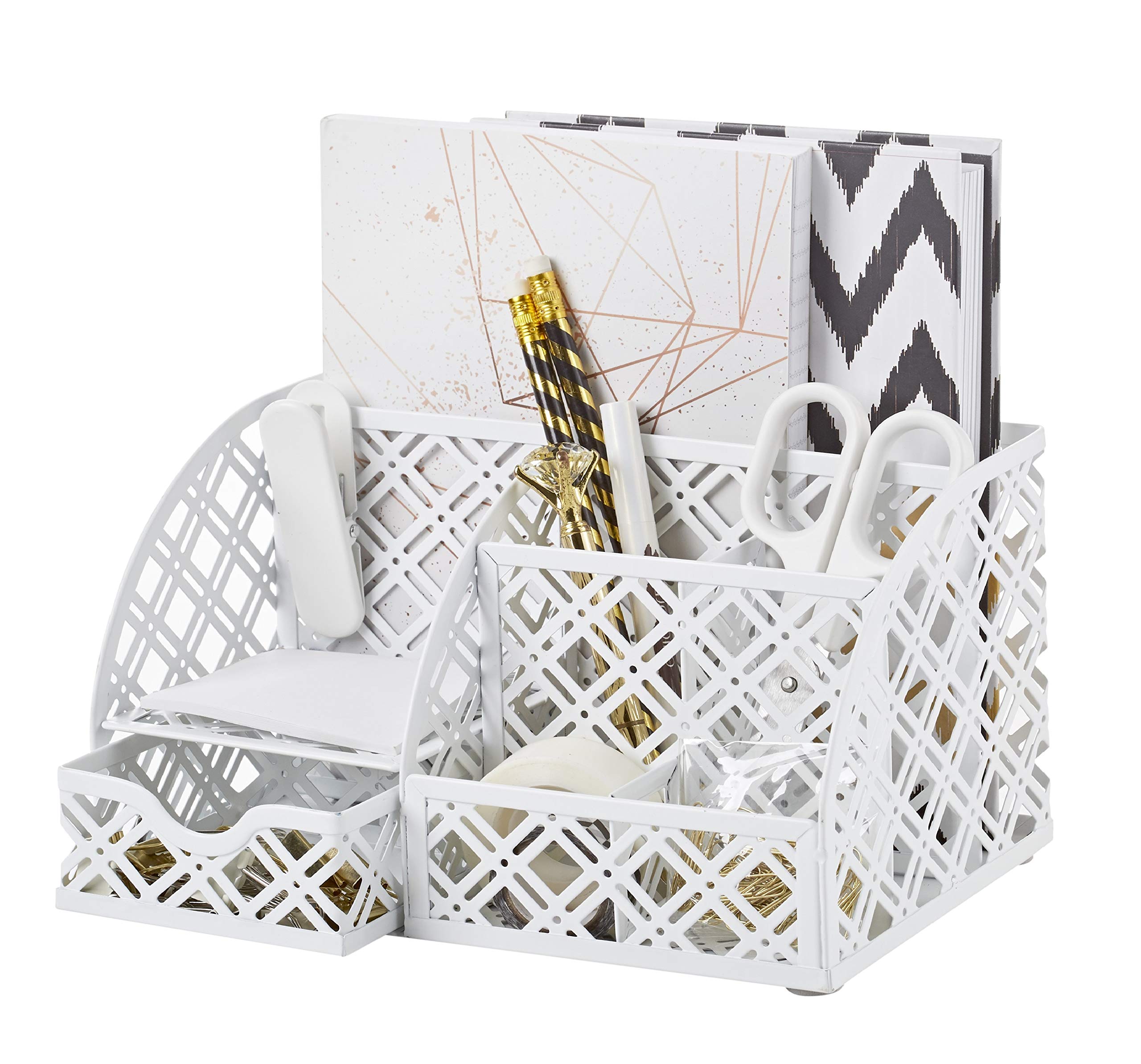 EXERZ Desk Organiser/Mesh Desk Tidy Caddy/Pen Holder/Multifunctional Organiser with 7 Compartments (White)