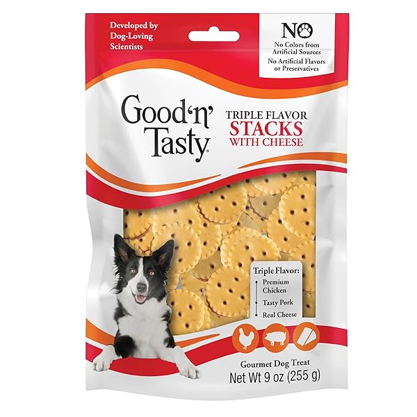 GOOD ‘N’ TASTY TRIPLE FLAVOR STACKS WITH CHEESE, 9 OUNCES, BITE SIZED SNACKS FOR DOGS WITH PREMIUM CHICKEN AND REAL CHEESE