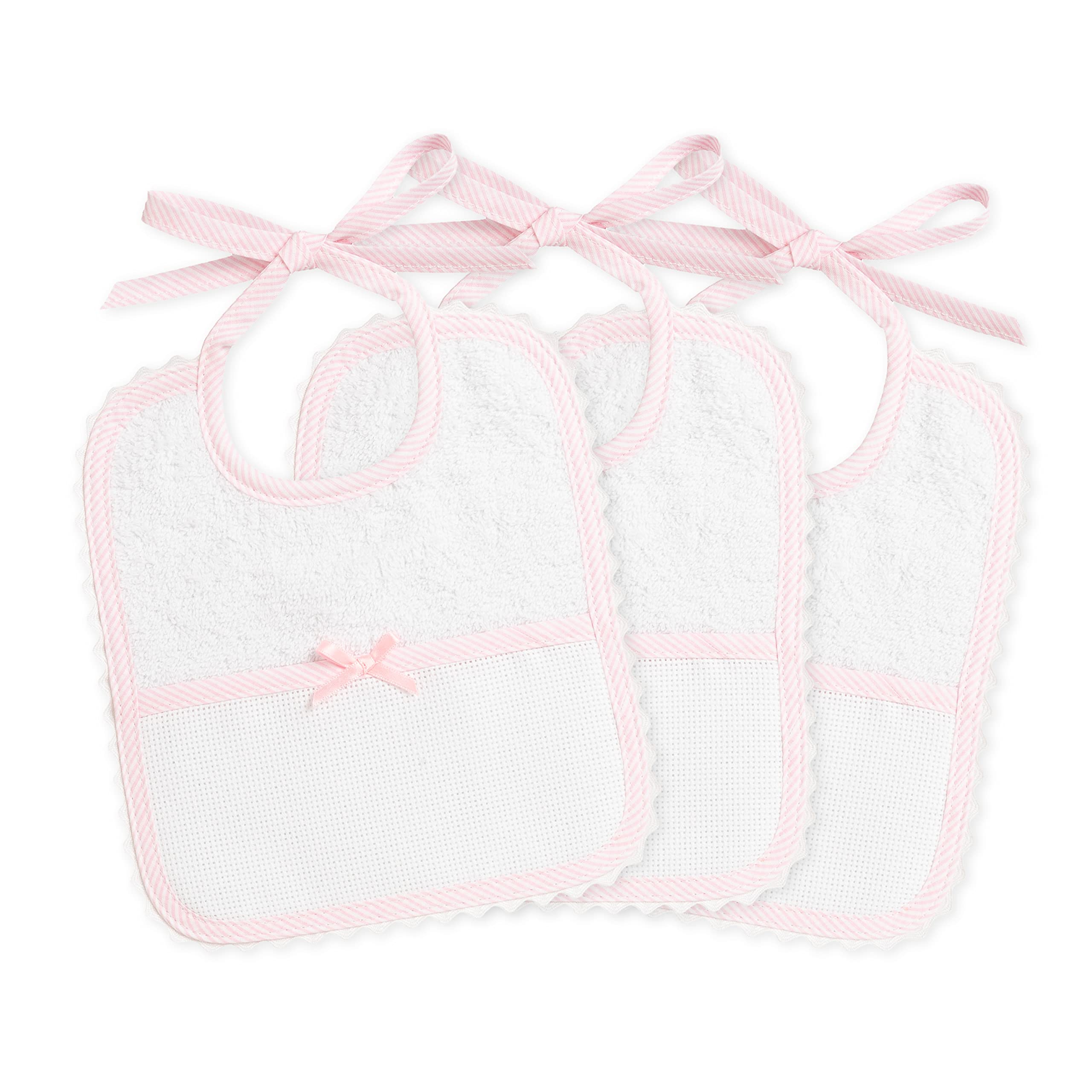 FILET - Set of 3 Baby Girl Bibs in White Cotton Towelling with Aida Pocket to Embroider, Protects Baby Clothes from Feeding, Regurgitation and Salivation, 100% Made in Italy, White and Pink Colour
