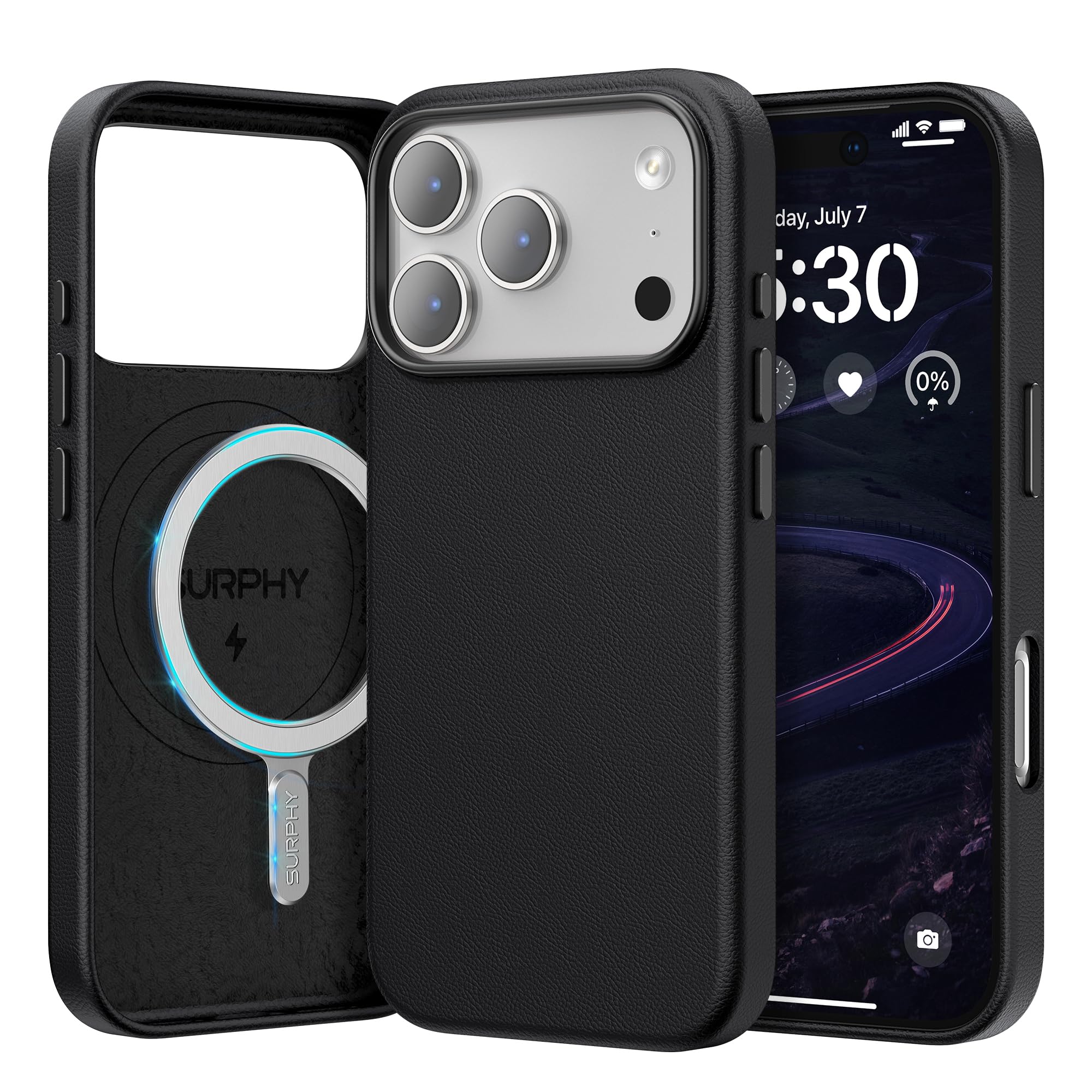 SURPHY Case for iPhone 17 Pro Max Case (6.9 inch 2025), Compatible with MagSafe, Faux Leather 17 Pro Max Phone Cases Whit Soft Microfiber Lining, Black