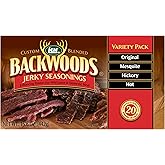 LEM Products Backwoods Jerky Seasoning Variety Pack, 15.6 oz Package | 4 Flavors: Original, Mesquite, Hickory, Hot, Pre-Measured Seasoning and Cure for Up to 20 Pounds of Meat for Homemade Jerky