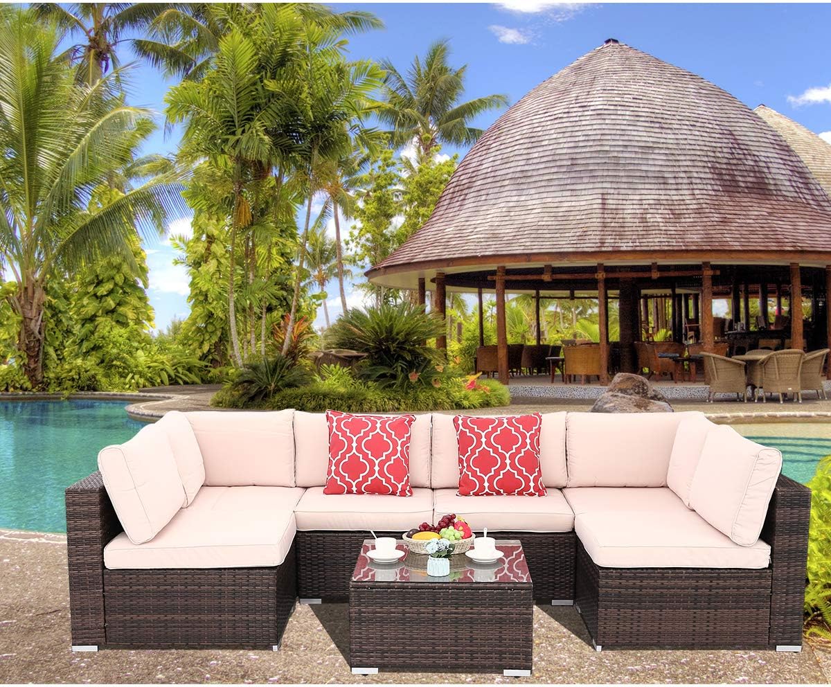 Polar Aurora 7 Pieces Outdoor Patio Sofa Set PE Rattan Wicker Sectional Furniture Outside Couch w/Washable Seat Cushions & Modern Glass Coffee Table