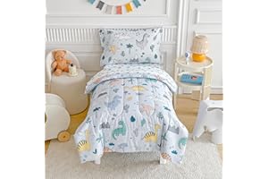 Joyreap 4 Piece Toddler Bedding Set, Cute Dinosaur on Light Blue, Ultra Soft Microfiber Toddler Comforter for Kids Boys Girls, Includes Quilted Comforter, Fitted Sheet, Top Sheet, and Pillow Case