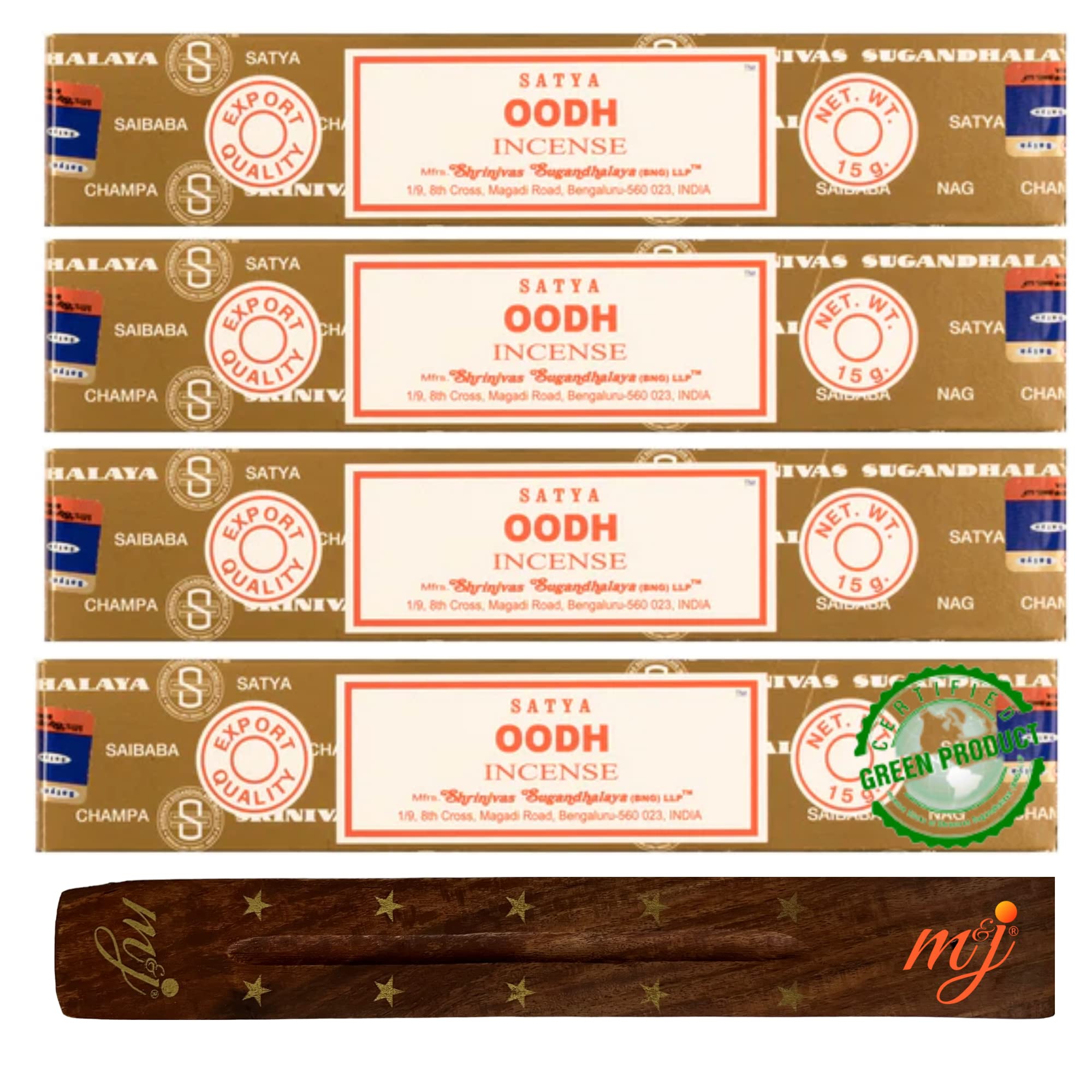 Original Satya Nag Champa Oodh Incense Sticks | with M&J incense sticks holder | x4 pack | for Aromatherapy, Spa, Yoga, Weddings, Meditation, Healing, Positivity and Relaxation — image 1
