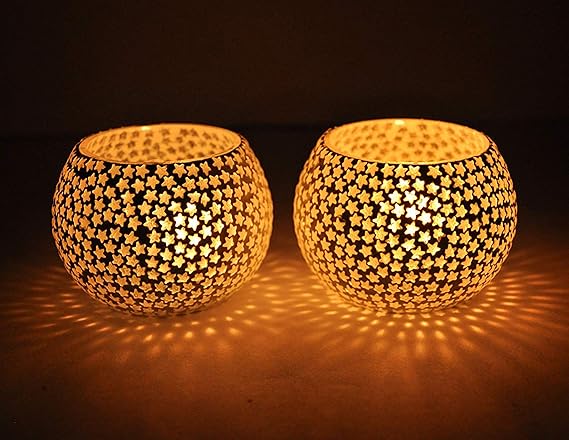 TIED RIBBONS Set of 2 Mediterranean Sea Mosaic Glass Votives Tealight Candle Holders for Side or Center Table Dining Room Christmas Lighting Home Decoration and Gifts(Glass, Pack of 2)