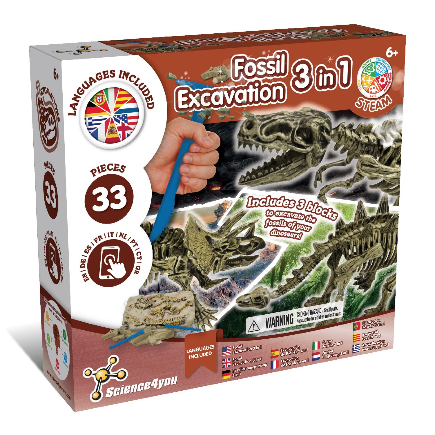 Science4you Dinosaur Fossil Excavation 3 in 1 for Kids - Dinosaur Fossils Digging Kit, T-Rex & Triceratops & Stegosaurus - Assemble 3 Dinos, Archaeology Set, Educative Gift for Girls & Boys Age 5 6+