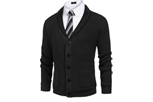 COOFANDY Men's Shawl Collar Cardigan Sweater Slim Fit Cable Knit Button up Sweater with Pockets