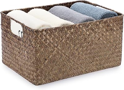 IGNPION Seagrass Woven Towel Basket Rectangular Storage Hamper Natural