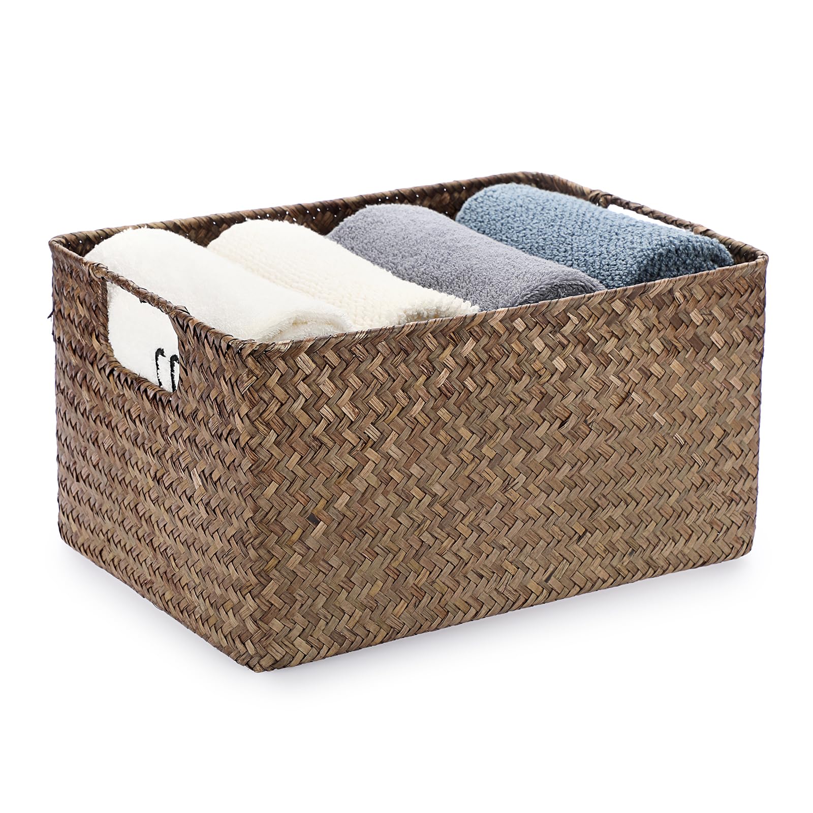 IGNPION Seagrass Decorative Woven Wicker Towel Basket - Rectangular Multipurpose Storage Hamper for Living Room, Bathroom & Desk