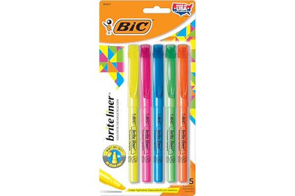 BIC Brite Liner Highlighters, Chisel Tip, 5-Count Pack of Highlighters Assorted Colors, Ideal Highlighter Set for Organizing and Coloring