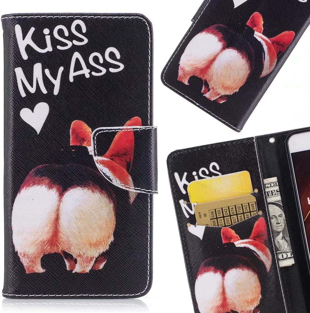 LEMORRY for Huawei Honor 7X Case Leather Flip Wallet Pouch Slim Fit Bumper Protection Magnetic Strap Stand Card Slot Soft TPU Cover for Huawei Honor 7X / BND-L21, Kiss My Ass