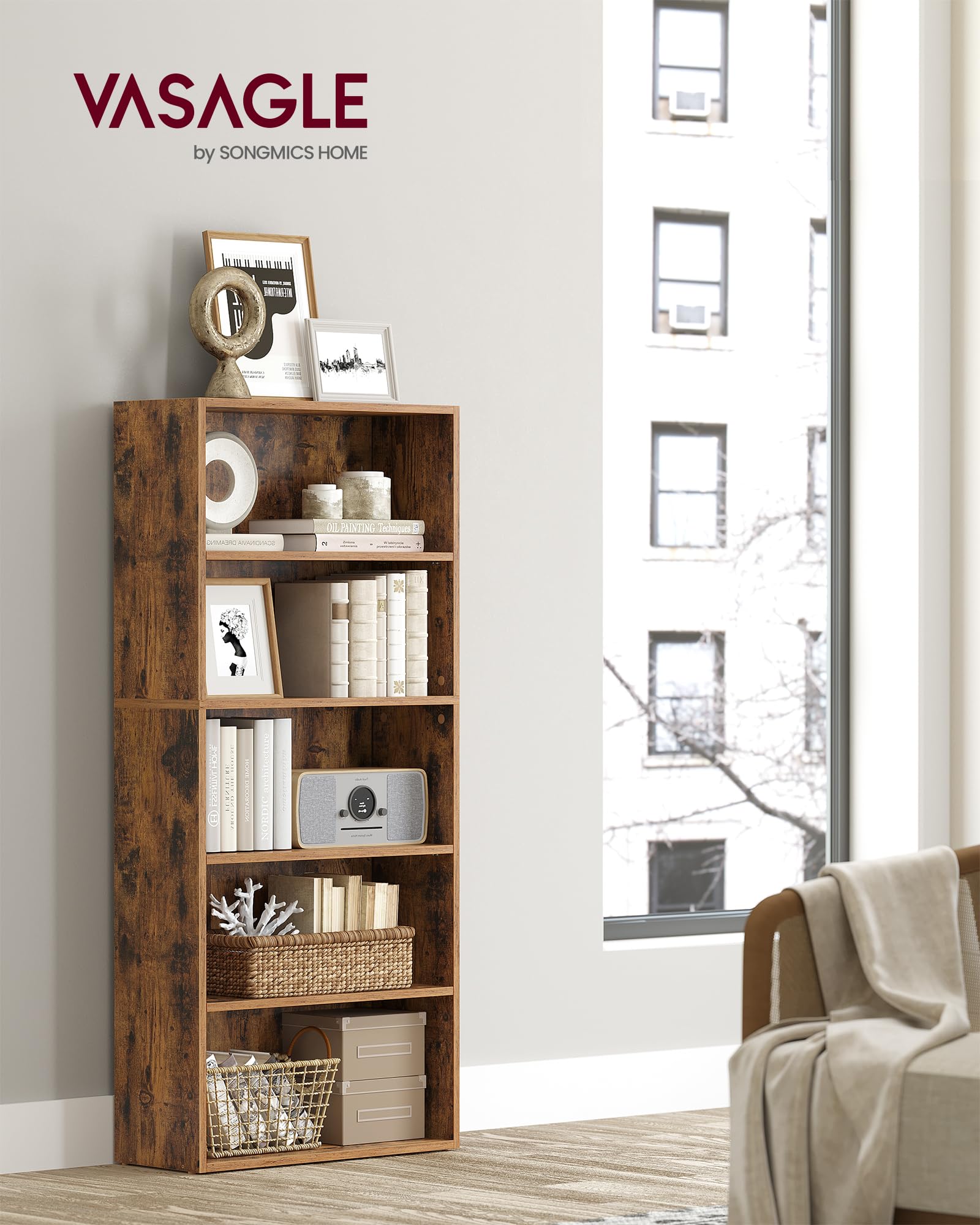 VASAGLE CUSTOS Collection - Bookshelf, 5-Tier Bookcase, Book Shelf, Open Storage Shelf, 9.4 x 23.6 x 52.8 Inches, for Living Room, Home Office, Dinning Room, Rustic Brown ULBC165X01