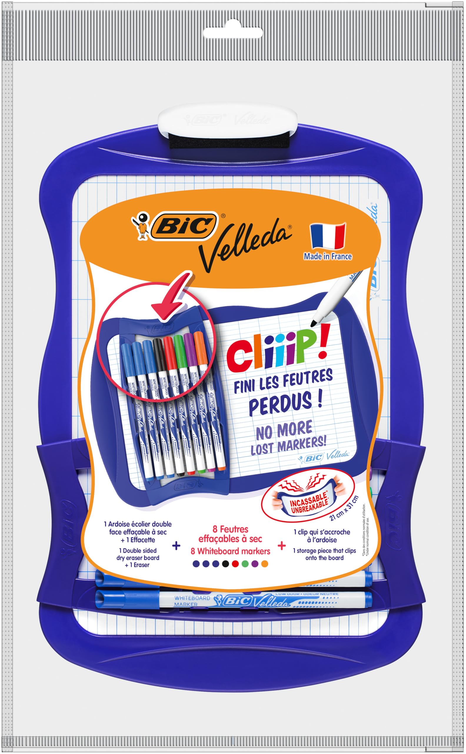 BIC Velleda Cliiip Whiteboard Set 21 x 31 cm Wiper 8 Erasable Markers Assorted Colours