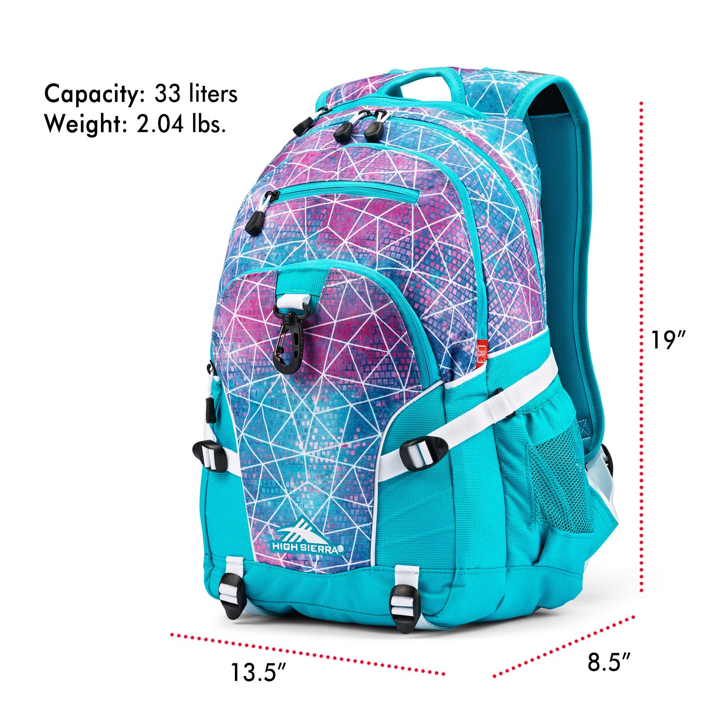High Sierra Loop Backpack, Travel, or Work Bookbag with tablet sleeve, One Size, Sequin Facets/Bluebird/White