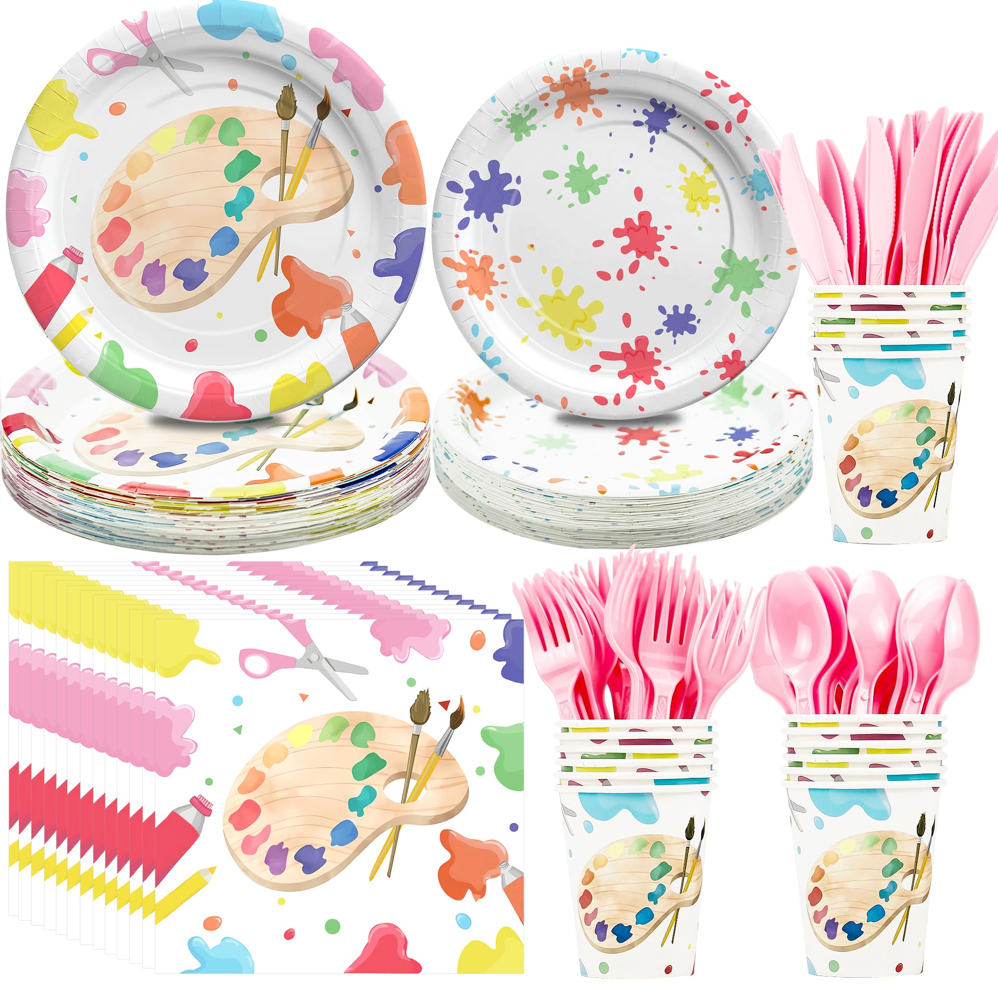 Photo 1 of NAIWOXI Art Paint Party Supplies Tableware - Paint Art Party Decorations Dinnerware, Plates, Napkins, Cups, Cutlery, Art Painting Themed Party Supplies For Birthday Baby Shower | Serves 24