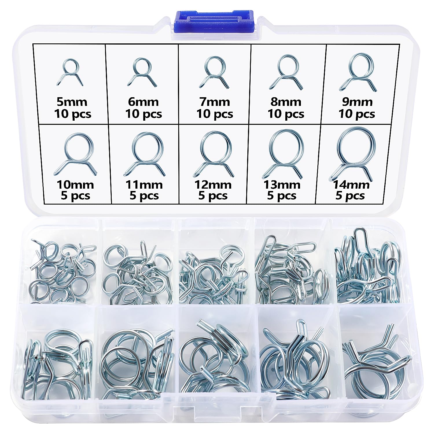 Lyeteung 75 Pieces 10 Sizes 5-14mm Fuel Spring Clamp Double Line Kit, Spring Clip Hose, Clamping Hose Clamps, Petrol Hose Clamps, Silver