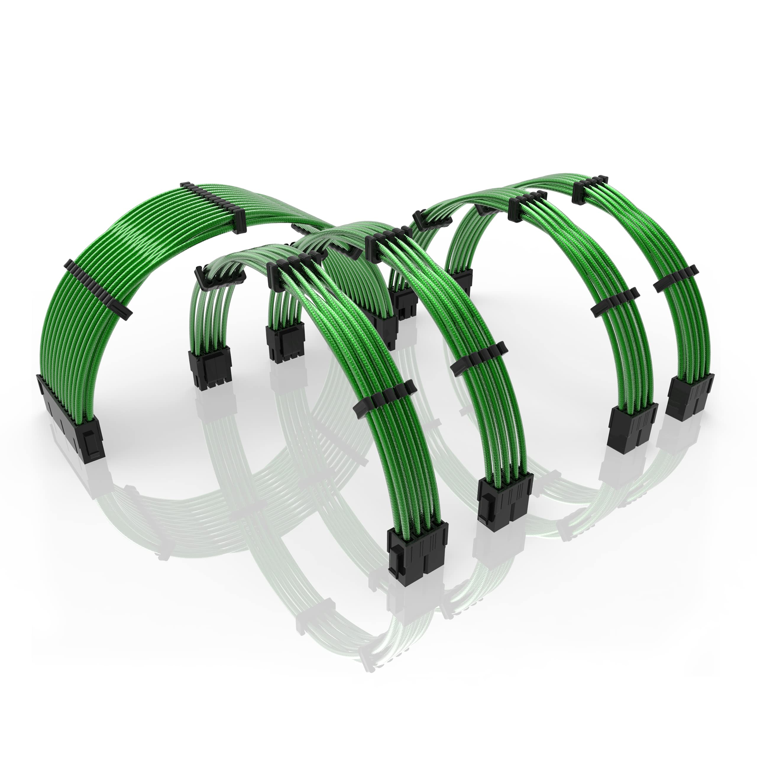 LINKUP - 30cm PSU PC Power Extension Cable Metallic Sleeved Silicone Coated Soft & Flexible to Route Custom Mod GPU & CPU w/Comb Kit | 1x 24P (20+4) | 2x 8P (4+4) CPU | 2x 8P (6+2) GPU | 300mm - Green