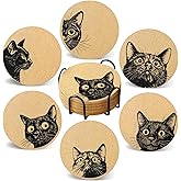 Cegkuc Coasters for Drinks with Holder Set of 6, Curious Cat Cork Coaster Absorbent for Office Desk Cat Table Coasters Kitchen Decor House Warming Gifts for New Home Couples, Round 4"