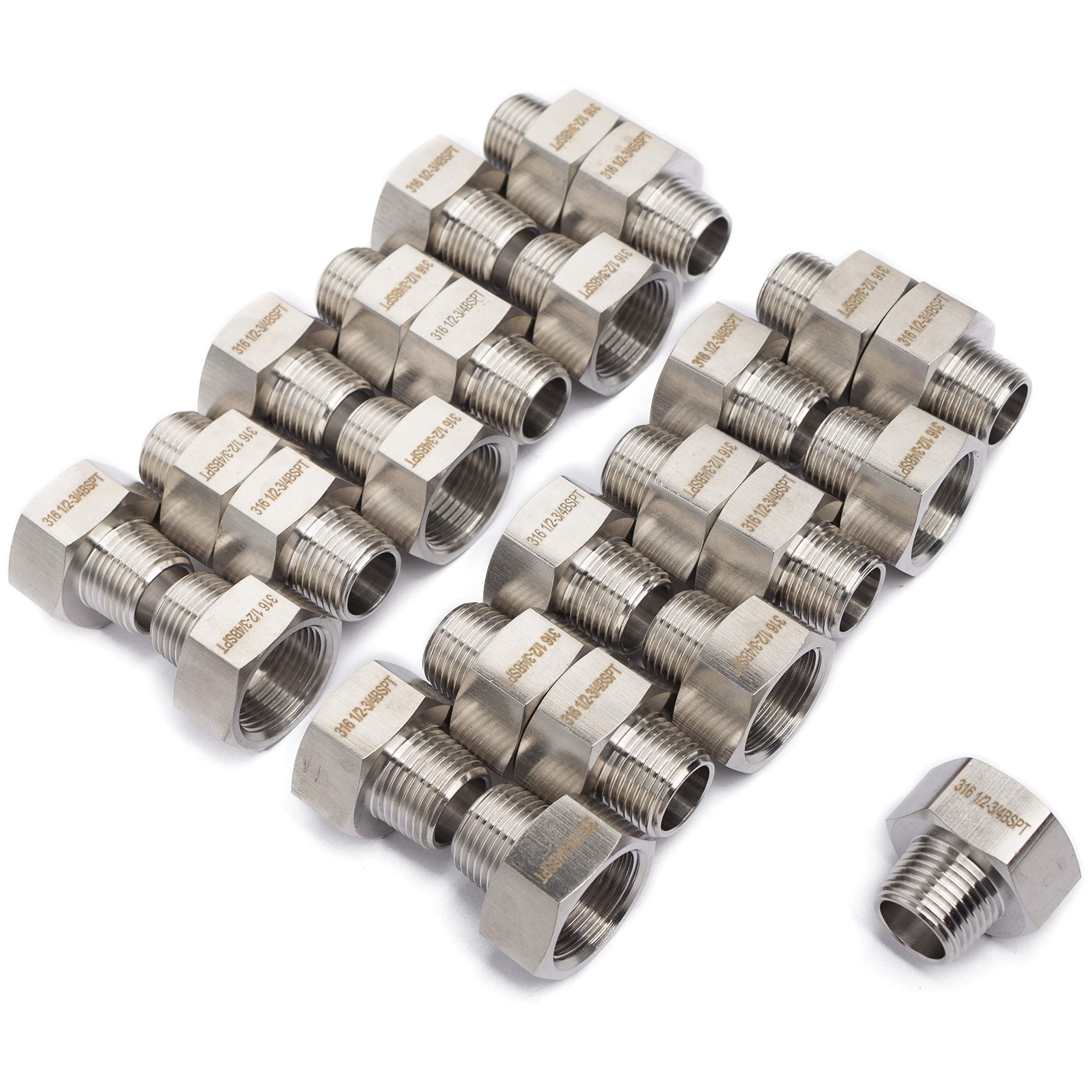 LTWFITTING Stainless Steel 316 Pipe 3/4" Female BSPP x 1/2" Male BSPT Adapter Fuel Gas Air (Pack of 25)